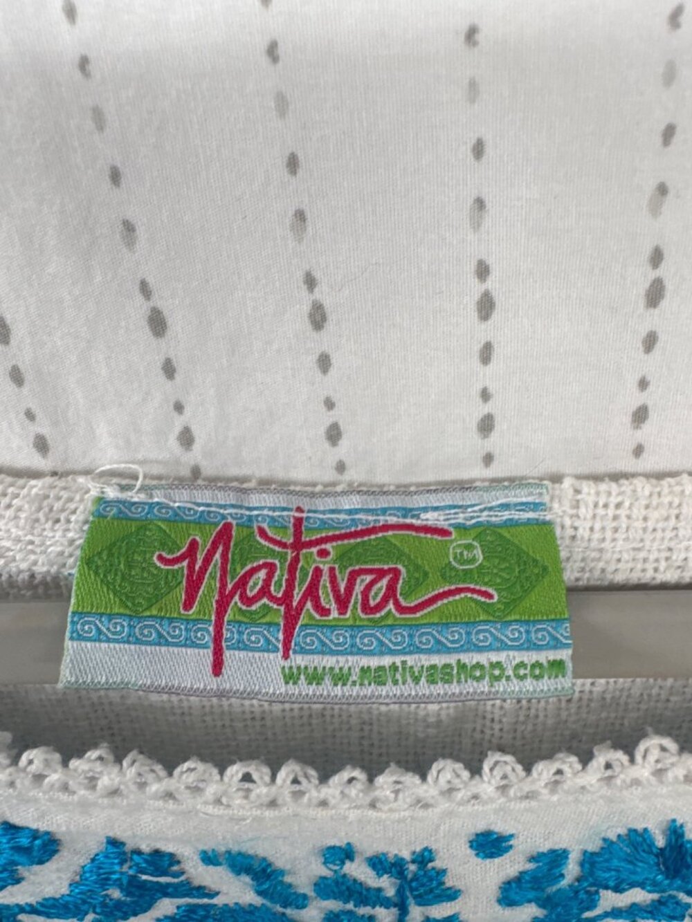Nativa Womens Top Sz L White Turquoise Embroidered Boho Peasant Handmade Oaxacan - Picture 5 of 11